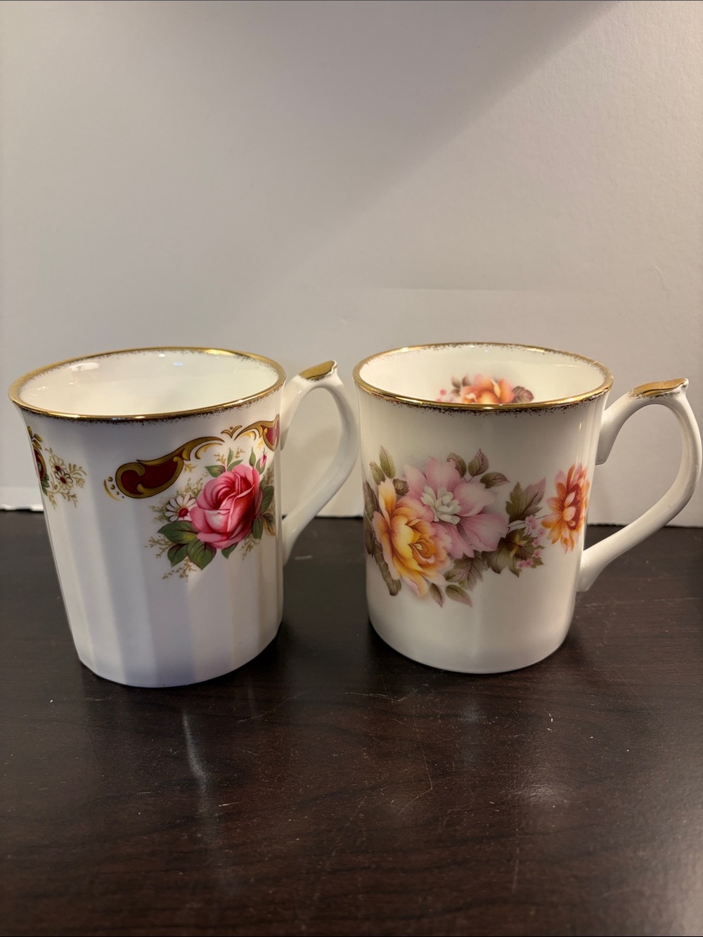 Elizabethan Vintage Floral Porcelain Mugs in White with Pink & Yellow Roses